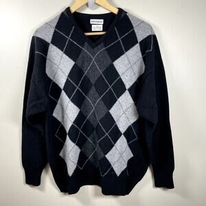 BULLOCK & JONES Men's 100% Scottish Lambswool Black‎ Argyle Sweater XL Preppy